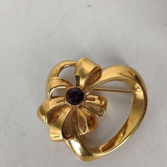 Vintage goldstone with rhinestone in‎ heart brooch - Picture 2 of 8